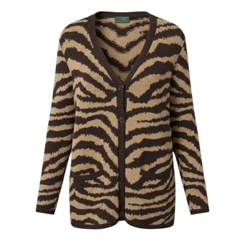 Vintage Lauren Ralph Lauren Hand Knit Linen Cotton Zebra Print Cardigan Size P/P